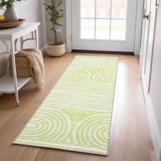 a green and white area rug in front of a door