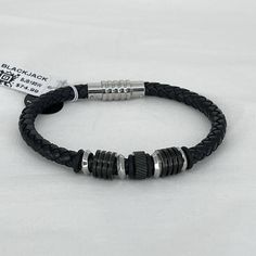 Mens Black Leather Stainless Steel Bracelet By Blackjack Great Quality Length- 8.5 Inch Width - .35 Inch Will Make An Awesome Holiday Gift Masculine Black Stainless Steel Bracelets, Everyday Black Leather Braided Bracelet, Everyday Black Braided Bracelet With Leather Strap, Black Leather Braided Bracelet With Stainless Steel Clasp, Masculine Black Leather Bracelet With Stainless Steel, Black Leather Bracelet With Stainless Steel Clasp For Business, Masculine Black Bracelets For Everyday, Masculine Black Everyday Bracelets, Casual Black Stainless Steel Braided Bracelet