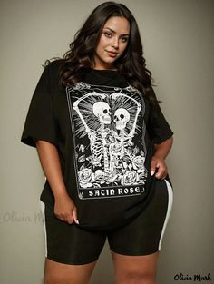 Olivia Mark - Size-Inclusive Halloween Athletic Top for Women, Womens Plus Size Short Sleeve Round Neck Gym Tee with Skull Print and Slight Stretch Technology Gothic Short Sleeve Top With Letter Print, Gothic Skull Print Tops For Halloween, Gothic Halloween Skull Print Tops, Gothic Crew Neck Top With Letter Print, Gothic Crew Neck Halloween Top, Gothic Halloween Crew Neck Top, Halloween Short Sleeve Top With Front Print, Halloween Front Print Short Sleeve Tops, Gothic Letter Print Tops For Fall