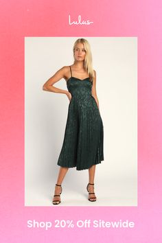 You'll never be lacking a stylish party dress when you've got the Lulus Chic Sensibility Dark Green Satin Jacquard Pleated Midi Dress! Sleek woven satin, with floral embossing, shapes adjustable spaghetti straps that support a bustier-inspired bodice with a high waist. Skirt features elegant pleating as it falls to a midi hem. Hidden zipper/clasp at back. Fit: This garment fits true to size. Length: Knee to mid-calf length. Size medium measures 39" from adjustable straps to hem. Bust: Great for any cup size. Waist: Fitted - very fitted at natural waist. Hip: Not Fitted - fuller skirt allows room for hips. Undergarments: May be worn with a strapless bra, adhesive bra, petals, or no bra. Fabric: Fabric has no stretch. Lined. Shell: 97% Polyester, 3% Spandex. Lining: 100% Polyester. Hand Wash Summer Jacquard Midi Dress For Party, Summer Party Jacquard Midi Dress, Spring Jacquard Midi Party Dress, Jacquard Midi Dress For Cocktail, Satin Midi Dress For Dinner And Party Season, Satin Midi Dress For Dinner Parties, Spring Party Jacquard Midi Dress, Cocktail Jacquard Midi Dress, Spring Evening Jacquard Midi Dress