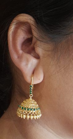 22 Karat Gold Hoop Earrings  - Jhumkas (Buttalu) - Gold Dangle Earrings With Color Stones - 235-GJH2405 - in 15.850 Grams for USD $1,605.82 USD. 
Made in India by Totaram Jewelers Online this product is in Gold - 22 Karat BIS Hallmark 916 Gold  & is an excellent gift for Adult - Women. Ships fully insured with secured guaranteed delivery for free with your order over $250 from New Jersey USA & comes with 30 days exchange policy. 22k Gold Dangle Jhumkas For Festive Occasions, Green 22k Gold Earrings With Intricate Design, Gold Plated Round Jhumkas With Latkans, 22k Gold Tilla Jhumkas, Round Gold Plated Jhumkas With Latkans, 22k Gold Meenakari Jhumkas, Green 22k Gold Chandbali Earrings, 22k Gold Green Chandbali Earrings, Gold-plated Temple Jewelry Jhumkas