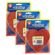 three heart shaped red hearts are packaged in the package for $ 3 99 or each