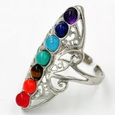 Balance Your Chakras With This Healing Ring. *Comes With A Jewelry Gift Bag & A Free Gift. Trendy Multicolor Metal Rings, Multicolor Metal Bohemian Rings, Bohemian Multicolor Metal Rings, Tory Burch Ring, Chakra Ring, Silver Halo Ring, Onyx Signet Ring, Dainty Wedding Ring, Romantic Rings