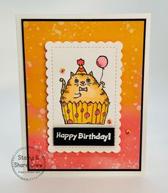 a happy birthday card with a cupcake and cat on it's face in the background