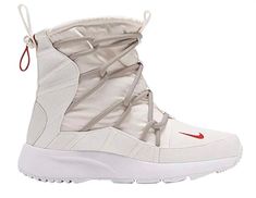 Nike Tanjun High Rise Women’s Sneaker Boots.   Phantom White/Desert Sand/Gym Red/White AO0355-005 New Without Box.  Size 9.5.  White Outsole with rugged rubber for traction on wet and cold surfaces.  Phantom White (Off White) shoe with thick round desert (light beige) laces. Red Nike check in small toe area of each shoe.  Red cinch cord with phantom white toggle.  Phantom white pull tab.  Fleece inner lining for warmth.  Mid cut collar. Lightweight. Very stylish! Better than super cute! A must h Off White Shoe, White Desert, White Shoe, Off White Shoes, Nike Tanjun, Marathon Running Shoes, Red Nike, Desert Sand, Winter Boots Women