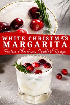 white christmas margarita with cranberries and rosemary garnish on the rims