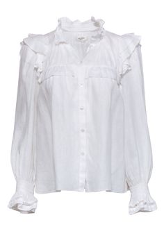 French label Etoile Isabel Marant makes this perfect white linen blouse! This romantic linen top features billowing ruffles at the chest and sleeves, with a high neck and cutout trim. It works well tucked into your favorite denim jeans or pencil skirt. Size 4 (36) 100% Linen Button-down Smocked detail at neck and sleeve Ruffle trim Bust 36" Waist 42" Shoulder to hem 24" Sleeve length 25.25" Feminine Linen Top With Ruffles, Spring Linen Ruffled Tops, Spring Linen Ruffle Tops, Elegant Linen Spring Blouse, Ruffled Linen Blouse, Elegant Linen Blouse For Fall, Chic White Linen Blouse, Elegant White Linen Top, Summer Linen Top With Ruffled Collar