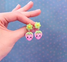 Funny handmade kawaii strawberry dangle earrings made by me of Polymer Clay. No matter how old are you, it can be funny gift for everyone (: Approximate dimensions: Length: 3.5cm  (  1.4"  ) Width:   1.5cm  (  0.6"  ) -Jewelry packed in little brown crafts box (: -All my jewelry are completely handmade so it can be slightly different than shown on the pictures. -Notice. Polymer clay love water but metal parts are not waterproof, so please avoid direct contact with water (like swimming or bathing Playful Handmade Flower Earrings, Cute Fruit Design Earrings For Gift, Cute Fruit Design Drop Earrings, Cute Handmade Dangle Flower Earrings, Pink Fun Flower Earrings For Gift, Fun Pink Flower Earrings For Gift, Fun Pink Flower Earrings As Gift, Cute Dangle Earrings With Fruit Design, Playful Pink Flower Earrings