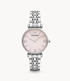 Emporio Armani Women's Two-Hand Stainless Steel Watch - AR1779 - Watch Station Classic Pink Watches With Rectangular Dial, Classic Pink Watch With Rectangular Dial, Luxury Pink Watches With Rectangular Dial, Luxury Pink Watch With Rectangular Dial, Timeless Formal Pink Watch, Classic Pink Watch For Formal Occasions, Timeless Pink Watch For Formal Occasions, Pink Chronograph Watch As Gift, Pink Chronograph Watch For Gift