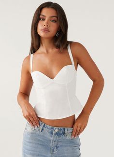 Naomi Backless Top - White – Peppermayo US White Going Out Top, Pearl Top Outfit, Sb Outfits, Sweetheart Neckline Top, Xmas 2024, Outfit Pieces, School Dress, Zach Bryan