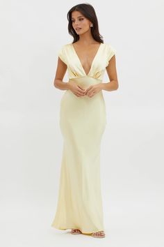 Shop the Lucinda V-Neck Twist Back Midi Dress Yellow | Selfie Leslie Pale Yellow Wedding Guest Dress, Bridesmaid Dresses Yellow Pastel, Yellow Fitted V-neck Maxi Dress, Selfie Leslie Dresses, Pastel Yellow Bridesmaid Dresses, Pale Yellow Bridesmaid Dresses, Yellow Wedding Guest Dresses, Light Yellow Dress, Pale Yellow Dress