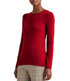 From Lauren Ralph Lauren&#x2C; an embroidered LRL monogram adds signature Lauren style to this soft cotton-blend wardrobe staple.Knit jersey fabrication Crew necklineLong sleeves"LRL" embroidered monogram at the right waiststraight hemline Pullover construction Approx. 24.75" lengthCotton/elastaneMachine wash/dry flat Imported. Ralph Lauren Style, Lipstick Red, Embroidered Monogram, Ralph Lauren Long Sleeve, Women Long Sleeve Tops, Ralph Lauren Womens, Dillard's, Lauren Ralph Lauren, Stretch Cotton