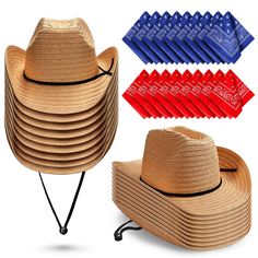 PRICES MAY VARY. Stylish Cowboy Hat and Bandana: this cowboy hat and paisley vintage bandana suit can be matched with any denim clothing style, cowboy style, or rural style, etc., and the simple and classic design are suitable for both men and women Package Include: you will receive 18 straw cowboy hats, and 18 polyester printed square scarfs, sufficient quantity, not only suitable for daily use, but also as a holiday or birthday gift for family or friends Suitable Size: the size of each straw c Cowboy Hats And Bandanas, Summer Hat Bands For Western-themed Events, Adjustable Outdoor Bandana, Hoedown Outfits, Cowboy Hat Party, Straw Cowboy Hats, Hat And Bandana, Cowboy Themed Birthday Party, Costume Birthday Party