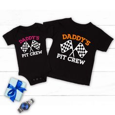 This cute graphic outfit is great for the new dad, Birthday, Father's Day, Christmas or to be or just cute everyday wear for your child. Such a cute outfit for your mini pit crew. These can be customized in your choice of vinyl color as shown, the black and white vinyl colors are standard. Garments come in three colors Onesies® & T-Shirts come in a variety of sizes of your choice. We use high quality, soft flex vinyl which not only creates a sharp, vivid graphic but will never look "faded" or “w Black Family Matching T-shirt With Name Print, Black T-shirt With Name Print For Family Matching, Father's Day Playful Short Sleeve T-shirt, Black Cotton Family Matching T-shirt, Playful Crew Neck T-shirt For Father's Day, Father's Day Playtime T-shirt With Short Sleeves, Father's Day Short Sleeve Playtime T-shirt, Father's Day Playtime T-shirt Short Sleeve, Family Matching Black Tops With Funny Print