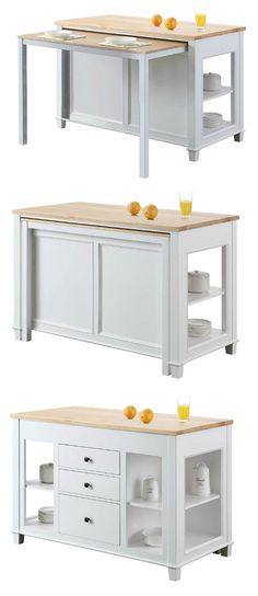 three different views of a kitchen island with two drawers and an open shelf on the top