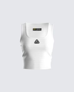 Ezra White Logo Tank Top – FINESSE Basic Racerback Top For Streetwear, White Cotton Sporty Tank Top, White Trendy Racerback Tops, White Cotton Basic Tank Top, Trendy White Racerback Top, Basic White Cotton Tank Top, White Racerback Trendy Tops, White Athleisure Tank Top For Summer, White Sleeveless Crop Top For Streetwear