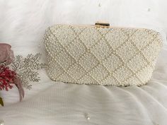 Handmade Pearl Bead Embroidery Clutch Bag/wedding Party Clutch | Etsy Chic Pearl White Clutch For Events, Luxury Pearl Clutch For Party, Embellished Cream Rectangular Clutch, Cream Embellished Rectangular Clutch, Elegant Pearl White Party Clutch, Gold Clutch With Pearl Embroidery, Gold Pearl Clutch With Pearl Embroidery, Chic Evening Bag With Pearl Embroidery For Gift, Pearl White Evening Clutch