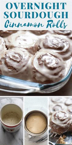 cinnamon rolls with icing in a glass baking dish and on a plate next to a cup of coffee