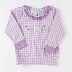 Cute purple plaid pullover with ghost design Plaid Pullover, Ghost Design, French Knot, Purple Plaid, Smocking, Gingham, Flamingo, Knot, Ghost