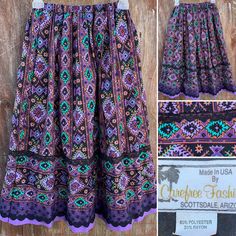 Vintage Carefree Fashions Scottsdale, Arizona Southwestern Skirt XS ?. I do not see a size on this skirt. My assumption would be an XS but please go by measurements rather than assumption. The fabric is not stretchy. But, the waist has elastic so it does have some stretch. Resting, waist measures 11” from side to side. Fully extended to an unreasonable amount measures 17 1/2” from side to side. It is in no way reasonable to stretch or wear the skirt this taut. In my opinion, it most reasonably s Carefree Fashion, Western Skirts, Ribbon Skirts, Vintage Skirts, Cowgirl Western, Scottsdale Arizona, Scottsdale Az, Vintage Skirt, No Way