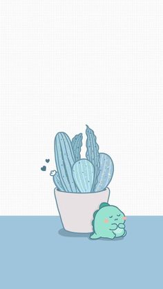 a cactus in a pot with a stuffed animal on the floor next to it and a blue background