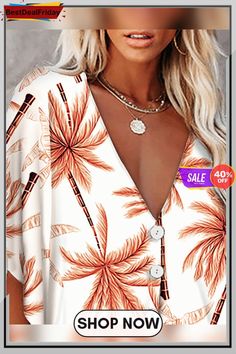 Palm Tree Print Batwing Sleeve Button Front Top P4690793270 V-neck Beach Top With Button Closure, Beach V-neck Tops With Buttons, Fall Vacation Tops With Button Closure, White Buttoned Top For Vacation, Button Front Top, Palm Tree Print, Tree Print, Batwing Sleeve, Bat Wings