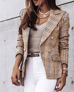 Casual Long Sleeve Plaid Coat sold by Womens Style on Storenvy Blazer E Short, Slim Blazer, Elegant Blazers, Plaid Outfits, Printed Blazer, Womens Blazers, Long Sleeve Blazers, Casual Blazer, Blazer Outfits