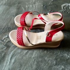 These Sandals Are New Never Worn Size 8.5 And They Are In The Color Red And I Purchased Them From Shein Red Wedge Sandals With Removable Insole And Round Toe, Red Summer Sandals With Removable Insole, Red Flat Wedge Sandals For Beach, Red Closed Toe Synthetic Wedge Sandals, Red Closed Toe Wedge Sandals For Summer, Red Wedge Sandals For Summer Vacation, Red Summer Heels With Cushioned Footbed, Red Open-toe Synthetic Wedge Sandals, Red Synthetic Closed Toe Wedge Sandals