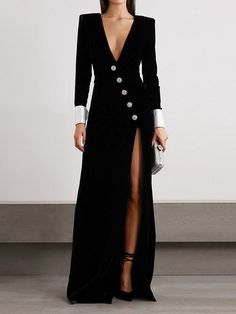 Long Sleeves Skinny Asymmetric Buttoned Shoulder Pad Split-Front Deep V-Neck Maxi Dresses BLACK-XL Dresses Formal Elegant, Black Dress Formal, Elegant Party Dresses, Tuxedo Dress, Evening Gowns Elegant, Evening Dress Fashion, فستان سهرة, Elegant Dresses For Women, Looks Chic