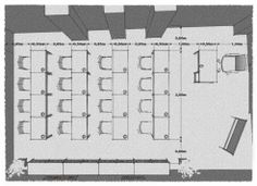 the floor plan for an office with tables, chairs and desks on each side