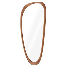 an oval wooden mirror on a white background