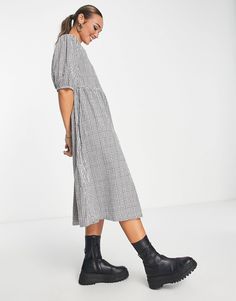 Monki checked midi dress in brown check | ASOS Spring Plaid Midi Dress Knee-length, Casual Midi Length Puff Sleeve Dress For Work, Workwear Midi Length Plaid Dress, Plaid Midi Length Dress For Work, Plaid Midi Dress For Work, Chic Plaid Puff Sleeve Dress, Chic Plaid Midi Dress For Work, Casual Plaid Midi Dress For Work, Chic Plaid Midi Dress