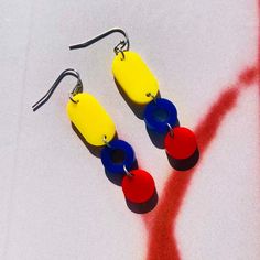 Colorful Handmade Modern Earrings, Modern Yellow Earrings For Everyday, Modern Yellow Earrings For Everyday Wear, Modern Multicolor Earrings For Everyday, Bold Handmade Geometric Earrings, Bold Handmade Multicolor Earrings, Bold Yellow Drop Earrings, Bold Handmade Colorful Earrings, Primary Colors Outfit