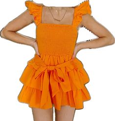 Tiered Ruffle Dress For Summer, Solid Tiered Ruffle Dress For Summer, Orange Mini Dress With Ruffle Hem, Orange Ruffled Mini Dress, Orange Ruched Summer Mini Dress, Summer Orange Ruched Mini Dress, Orange Mini Dress With Ruffle Hem For Summer, Sassy Shortcake, Layered Ruffle Dress