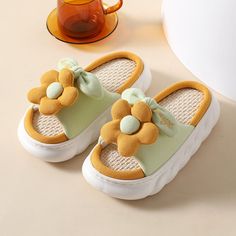 Features: Slip-on Casual Open toe Flower decor design Material: Linen + EVA Home Flower Decor, Flower Slippers, Linen Slippers, Kawaii Bedroom, Costume Bags, Flower Bedroom, Cute Slippers, Soft Slippers, Sunglass Chain