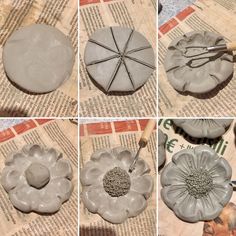 the process of making clay flowers is shown in four different pictures, including one being made with