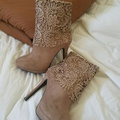 Tan Faux Suede Booties Adorned With 7 Inches Of Sexy Lace!! Beige Boots For Night Out, Brown High Heel Booties For Party, Brown Closed Toe Party Booties, Brown Closed Toe Booties For Party, Beige High Heel Booties For Party, Beige Ankle Heeled Boots For Party, Chic Beige Booties For Party, Chic Brown Booties For Party, Chic Brown Party Booties