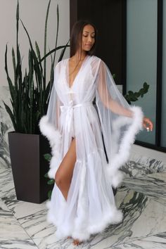 feather robe, sheer feather robe, white feather robe, wedding robe, lingerie robe, plus size lingerie, bridal robe, sheer robe Bride Sweats, Bridal Robes Getting Ready, Pajama Party Outfit, Robes Satin, Burlesque Fashion, Bridal Wardrobe