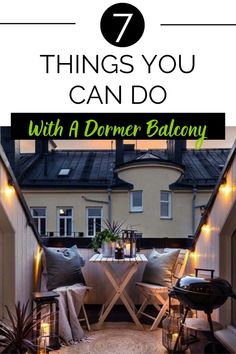 an outdoor patio area with lights and pillows on it, the words 7 things you can do