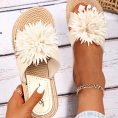 Flower Decor Cross Strap Slides White Applique Open Toe Sandals. Synthetic Open Toe Flip Flops For Spring, Summer Flower-shaped Synthetic Sandals, Summer Flower Sandals In Synthetic Material, Synthetic Floral Print Sandals For Vacation, Beige Synthetic Summer Flip Flops, Synthetic Sandals With Floral Print For Vacation, Floral Print Synthetic Sandals For Vacation, Vacation Sandals With Floral Print, Flower Shaped Synthetic Flip Flops For Beach