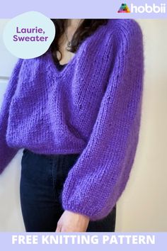 a woman wearing a purple sweater and black pants with the words free knitting pattern on it