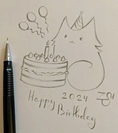 a drawing of a dog with a birthday cake on it's side, next to a pen