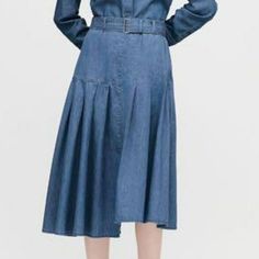 100% Cotton Denim Midi Skirt With Pleated Detail And Belt. Side Zip Closure. Nwt Size 10 Measures 15" Across At Waist, 34" Across At Hem Opening And 30" Long From Waist To Hem. All Measurements Based On Item Laid Flat, Remember To Double Waist And Hem Opening Measurements, All Reasonable Offers Welcome! Uniqlo Women, Denim Midi Skirt, Jw Anderson, Women Skirts Midi, Uniqlo, Side Zip, Midi Skirt, Womens Skirt, Size 10