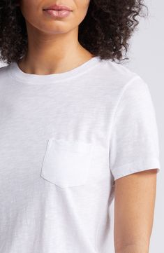 A single patch pocket punctuates the chest of this everyday T-shirt made from a soft and breathable cotton blend. 25 1/2" length (size Medium) Crewneck Short sleeves Chest patch pocket 60% cotton, 40% modal Machine wash, dry flat Imported Basic Everyday T-shirt With Pockets, Casual T-shirt With Side Pockets For Everyday, Summer T-shirt With Side Pockets For Everyday, White Casual T-shirt With Side Pockets, White Cotton Tops With Side Pockets, Everyday Short Sleeve Tops With Patch Pockets, White Short Sleeve Tops With Patch Pockets, Everyday Cotton Tops With Patch Pockets, Everyday Crew Neck Top With Side Pockets