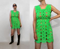 "vintage '60s vivid lime green crochet mini dress soft mid-weight wool shell open weave knit empire waist with tasseled drawstring tie scalloped hem one-of-a-kind, handmade piece DETAILS-----> Era: '60s Fabric: wool MEASUREMENTS-----> Tag: n/a - no size marked - should suit a size small - medium **knit has stretch Bust: 17\" Waist: n/a - drawstring to cinch Hips: 17.5\" Length: 33\" CONDITION-----> In excellent vintage condition. No flaws to note. MODEL SPECS-----> xs/s / 5'5\" / 34\", 26\", 36\ Spring Green Crochet Lace Dress, Green Fitted Crochet Dress For Spring, Fitted Green Crochet Dress For Spring, Green Fitted Crochet Dress For Party, Vintage Sleeveless Crochet Dress For Spring, Green Sleeveless Crochet Dress For Spring, Retro Fitted Crochet Dress For Beach, Green Crochet Lace Summer Dress, Fitted Retro Crochet Dress For The Beach