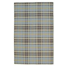 a blue and yellow plaid rug on a white background