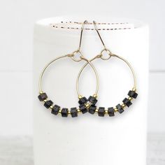 Boho Hoops - Gold & Black Earrings Bijou by SAM Eclectic Elegance, Black Jasper, African Turquoise, Jasper Beads, Jasper Gemstone, Gold Hoops, Jewelry Packaging, Ear Wire, Montana