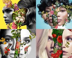 four different images with flowers and leaves on them, one woman's face is surrounded by butterflies