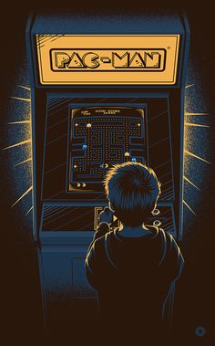 a young boy playing a game on an old fashioned video game machine in the dark