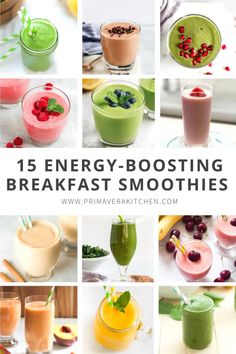 the top ten energy - boostering breakfast smoothies are shown in this collage